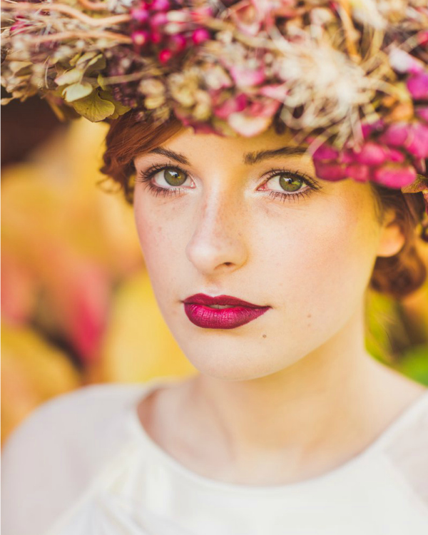 bridal, berry lips, nufi, flower crown, bride