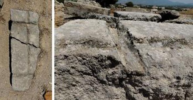 Πέτρινο μπλοκ από τα αρχαίο ναό στα Ίσθμια με αυλακώσεις Πέτρινο μπλοκ από τα αρχαίο ναό στα Ίσθμια με αυλακώσεις